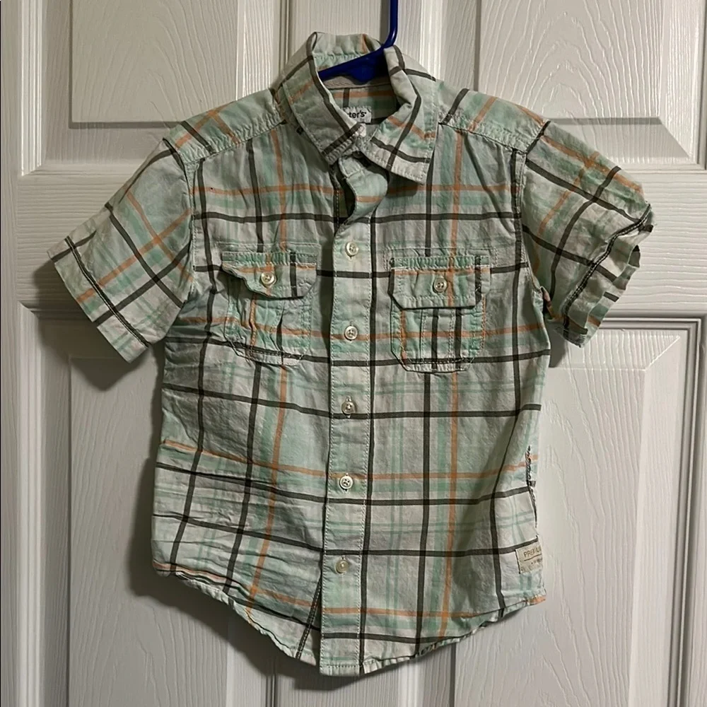 Carter's Green and Orange Button Down Shirt with Short Sleeves